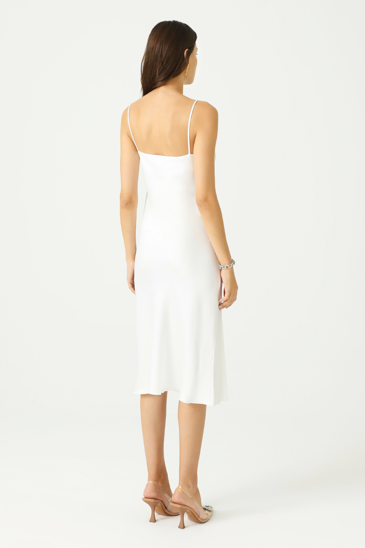 PAMELA Slit Detailed Satin White Slip Dress
