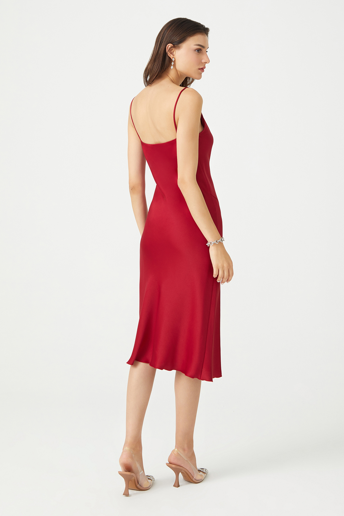 PAMELA Slit Detailed Satin Red Slip Dress
