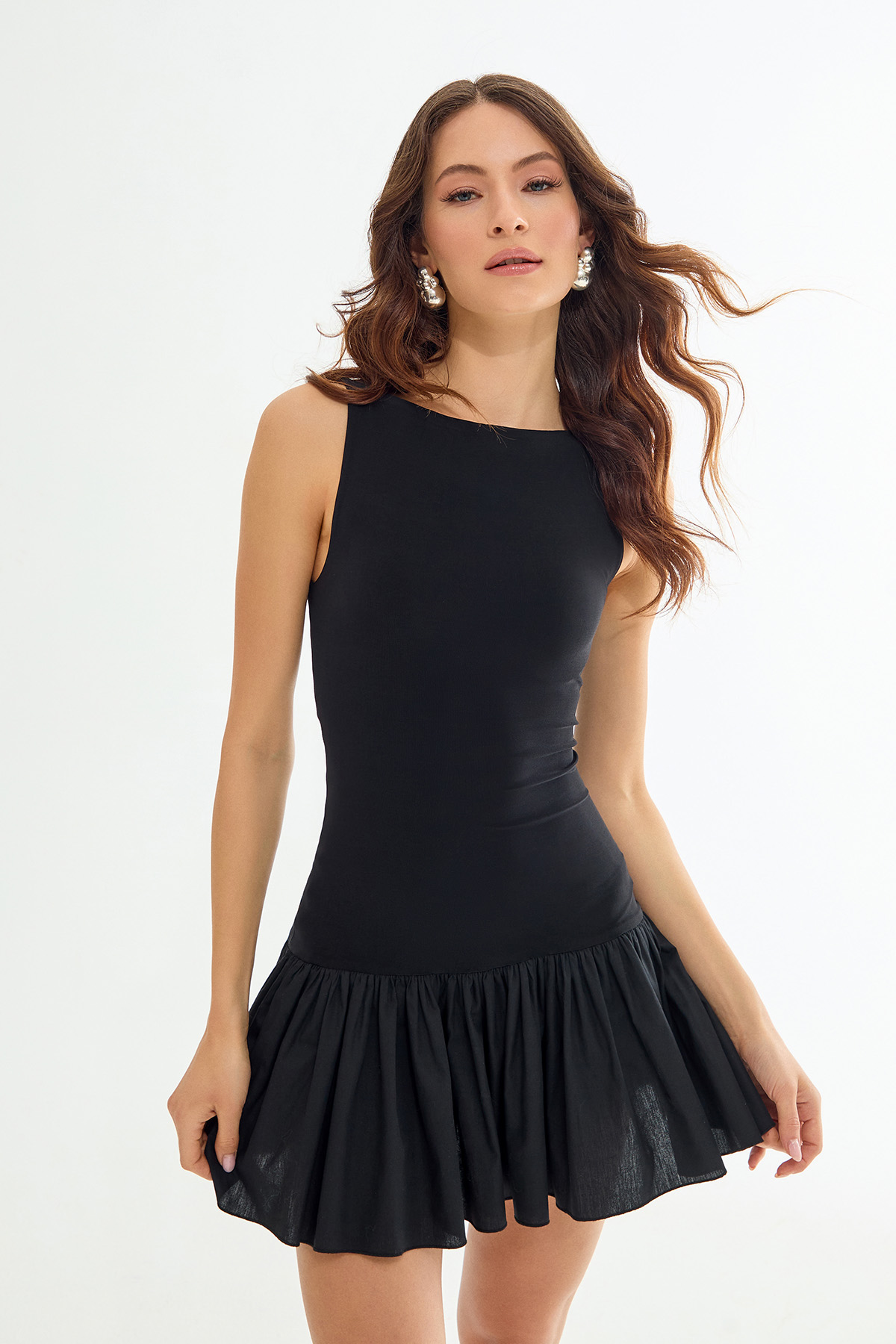CARMELLA Poplin Detailed Mini Black Dress